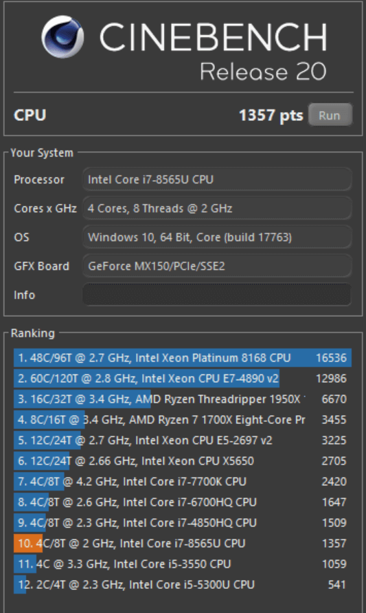 Cinebench R20 MateBook 13