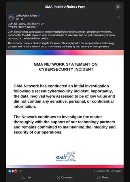 GMA Cybersecurity Attack Official Statement