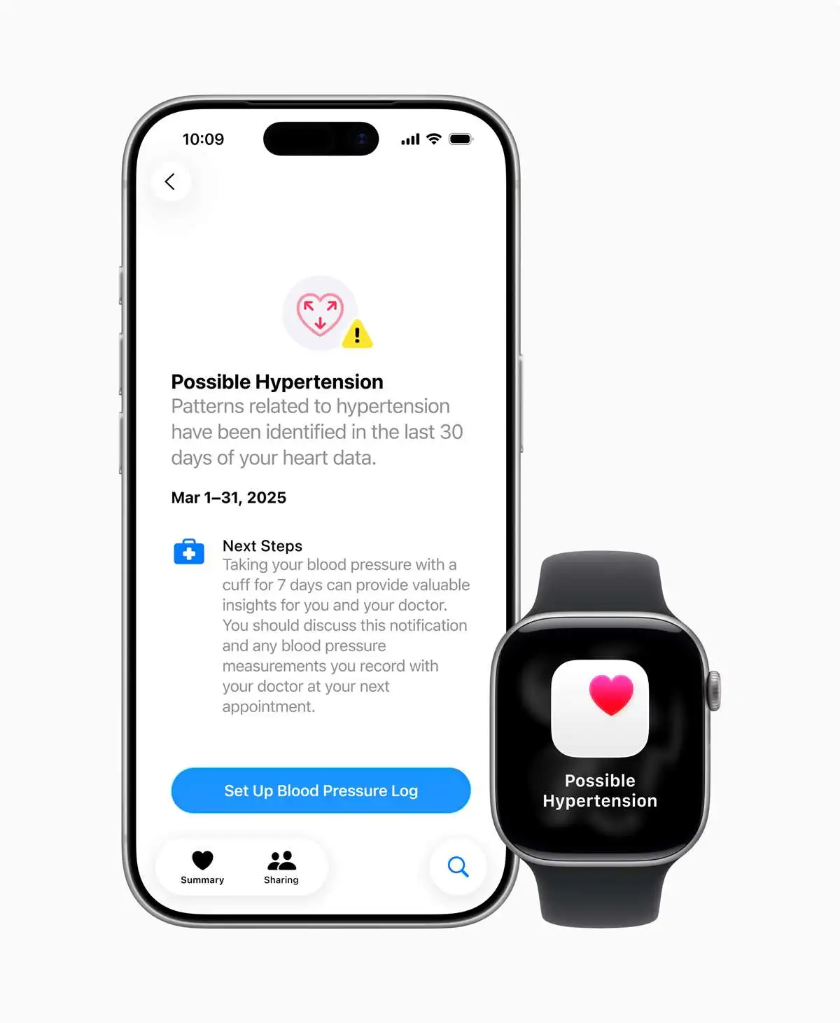 An iPhone and Apple Watch showing the Health app card that lists the last 30 days of heart data and offers a blood pressure log