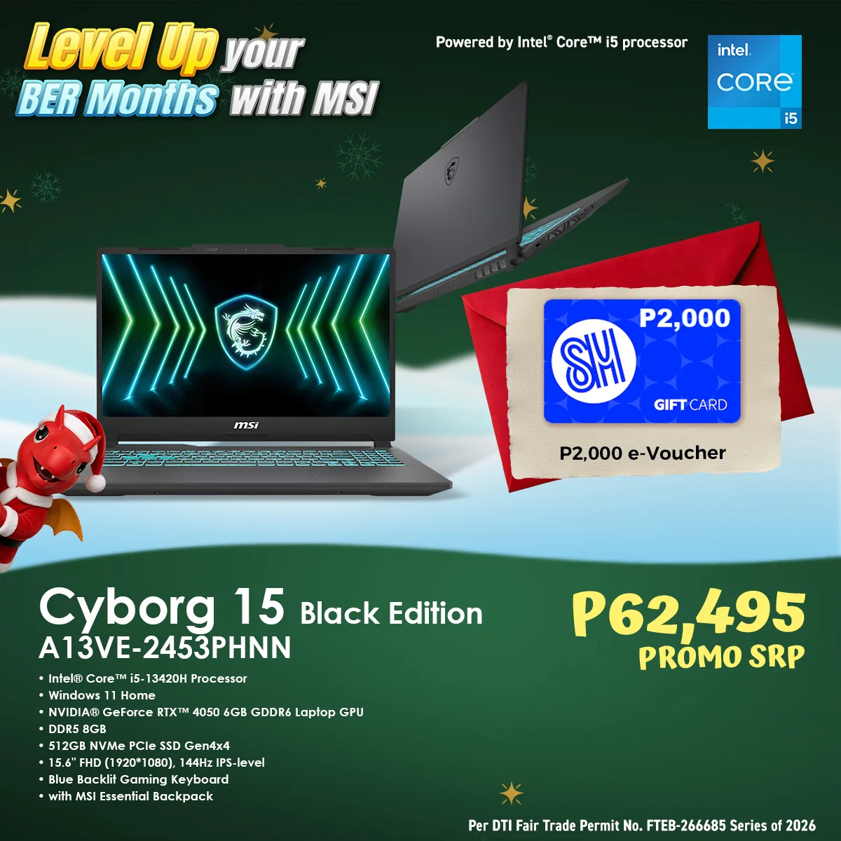 MSI Cyborg 15 Black Edition A13VE-2453PHNN BER Months promo offer