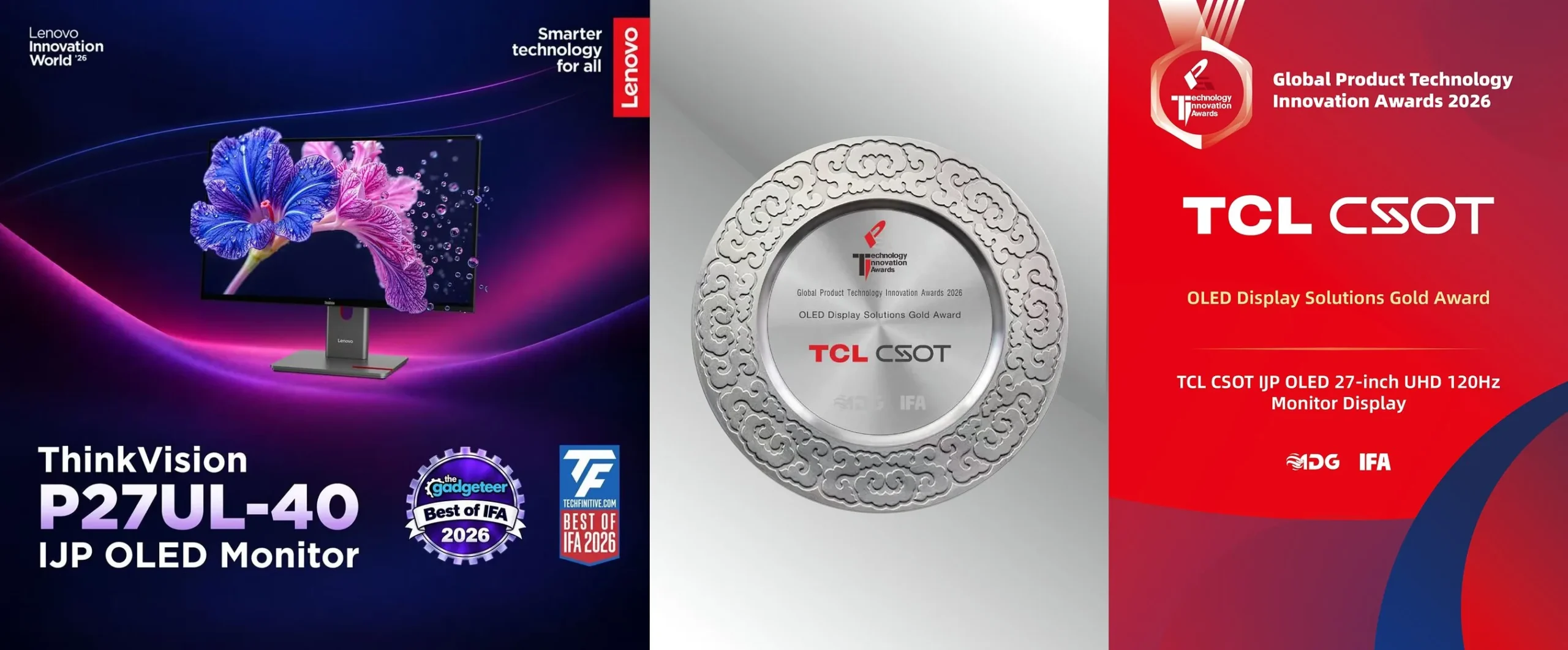 Three honors graphic for the Lenovo ThinkVision P27UL-40 at IFA 2026