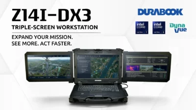 Durabook Z14I-DX3 rugged mobile laptop with three 14-inch displays open as a triple-screen workspace