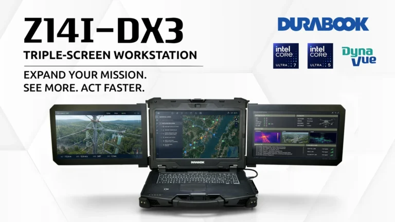 Durabook Z14I-DX3 rugged mobile laptop with three 14-inch displays open as a triple-screen workspace