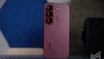TECNO Camon Slim 5G in Burgundy Red, rear view showing the camera module