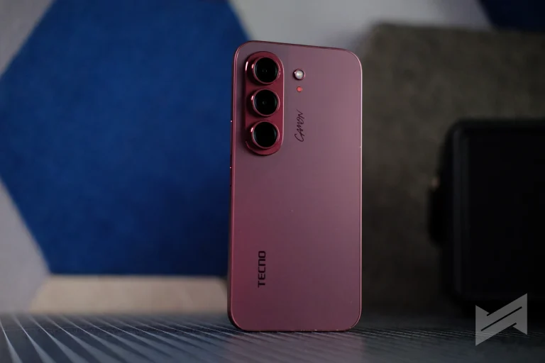 TECNO Camon Slim 5G in Burgundy Red, rear view showing the camera module