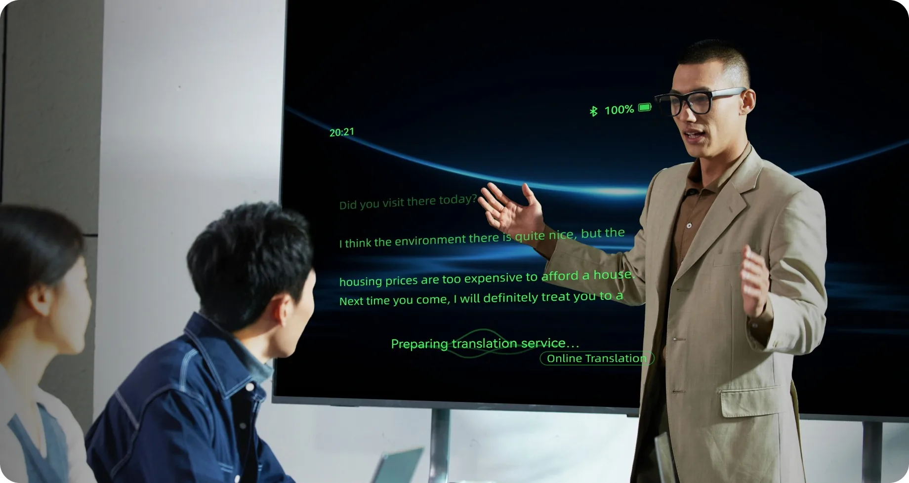 A wearer following teleprompter notes on the in-lens display