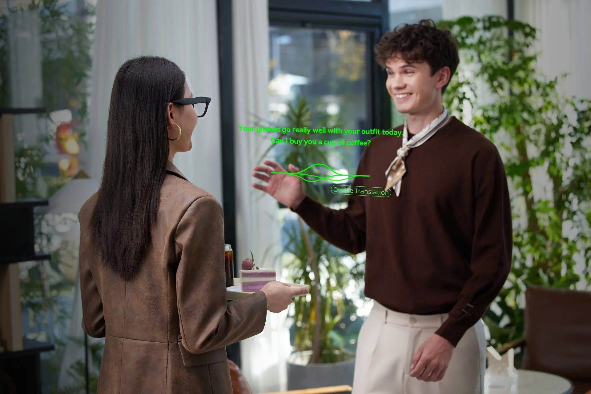 Live translated text shown in the display of the glasses during a conversation
