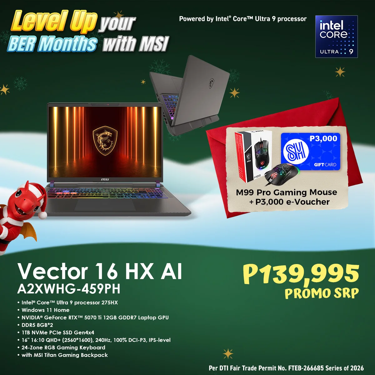MSI Vector 16 HX AI A2XWHG-459PH BER Months promo offer