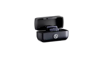 Hollyland LARK M3 kit with transmitters, receivers, and the all-in-one charging case