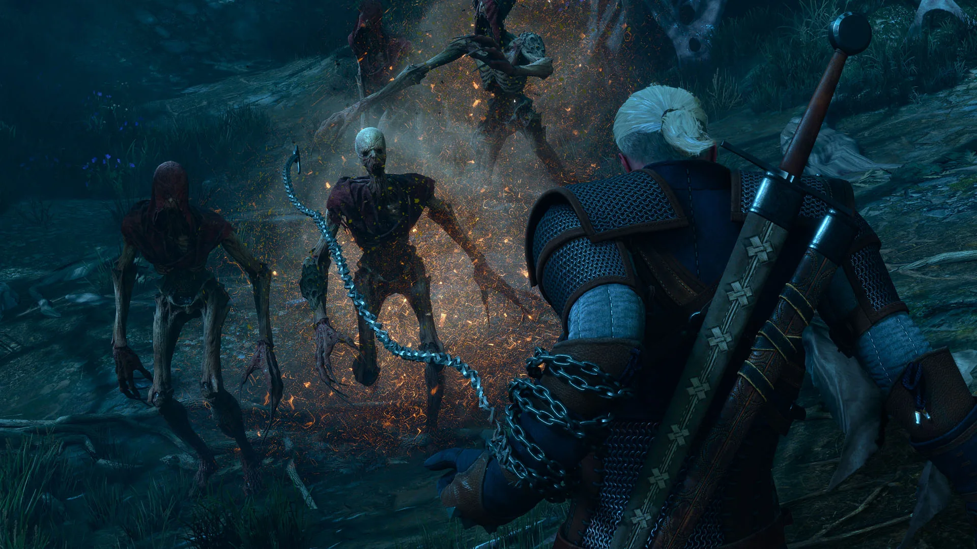 Geralt using the new chain weapon in The Witcher 3: Songs of the Past