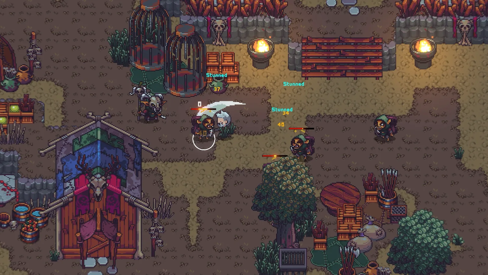 Emberville combat screenshot showing weapon combos, damage numbers and stunned enemies