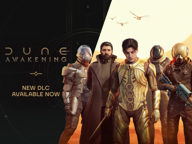 Dune: Awakening console launch key art showing Paul Atreides and Fremen warriors on Arrakis
