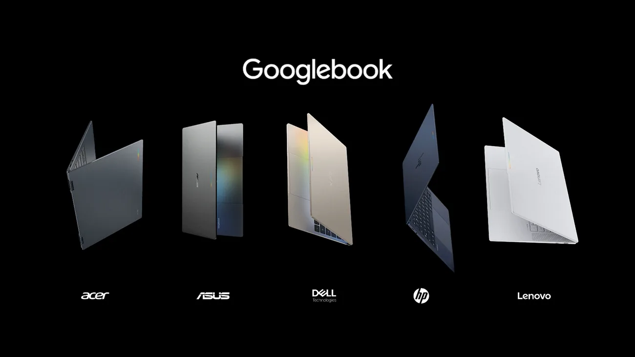 Google's official artwork showing the collection of Googlebook laptops on a dark background
