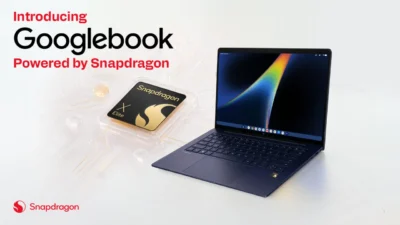 Googlebook laptop powered by the Snapdragon X Elite platform, shown in Qualcomm's launch image