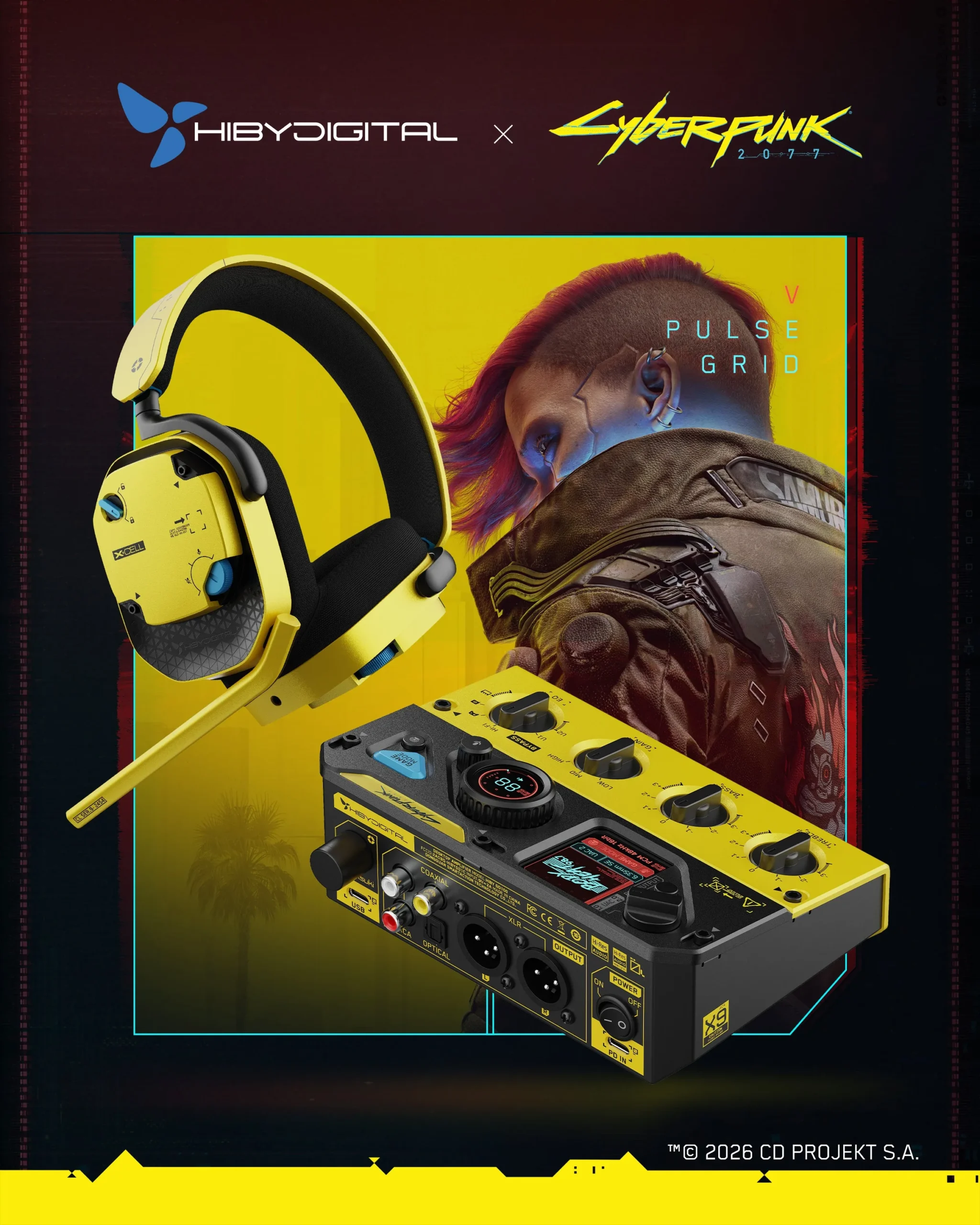 HiBy Digital x Cyberpunk 2077 Life Path poster showing the V, SAMURAI and ARASAKA themed editions