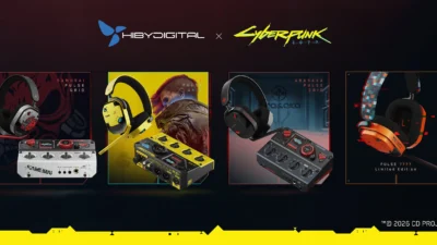 HiBy Cyberpunk 2077 collaboration products poster showing the HiBy Digital PULSE gaming headset and GRID external sound card
