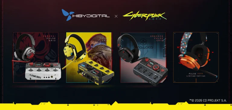 HiBy Cyberpunk 2077 collaboration products poster showing the HiBy Digital PULSE gaming headset and GRID external sound card