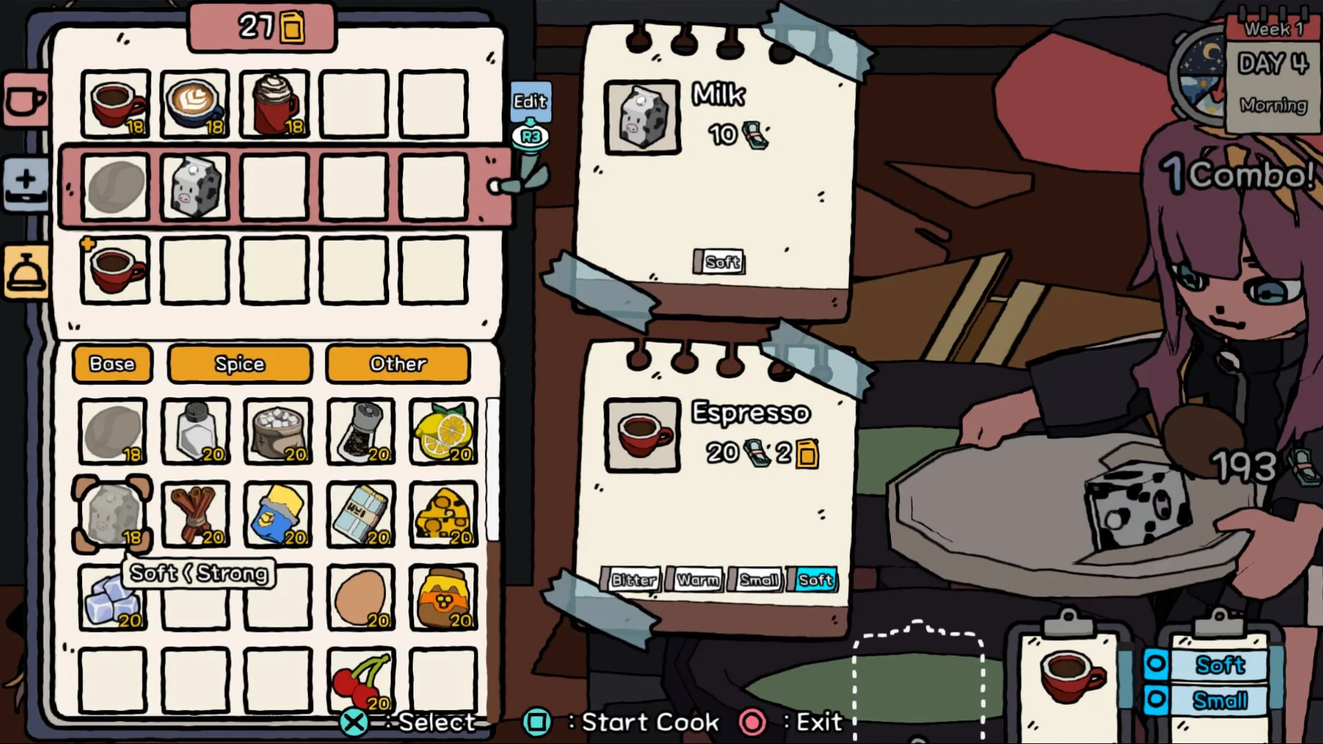 Screenshot from HIPS N NOSES, the cafe management and action roguelike demoing at Tokyo Game Show 2026