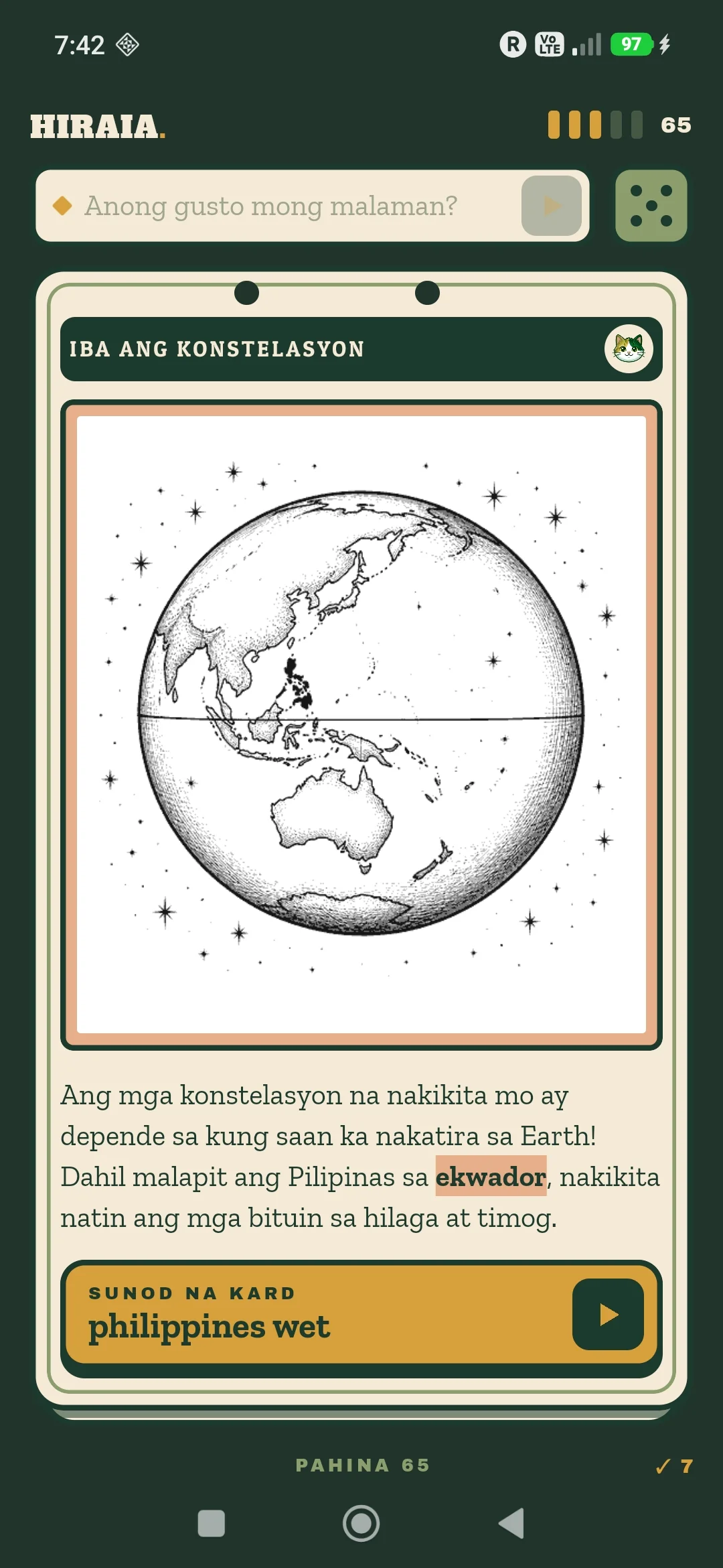 Hiraia offline AI tutor app card with a Tagalog science lesson