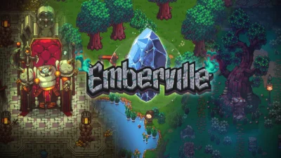 Emberville key art showing the town of Emberville, a throne room and a glowing crystal