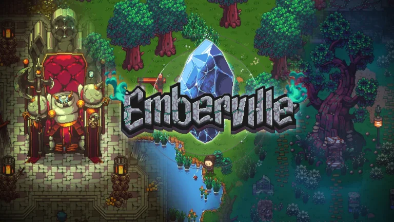 Emberville key art showing the town of Emberville, a throne room and a glowing crystal