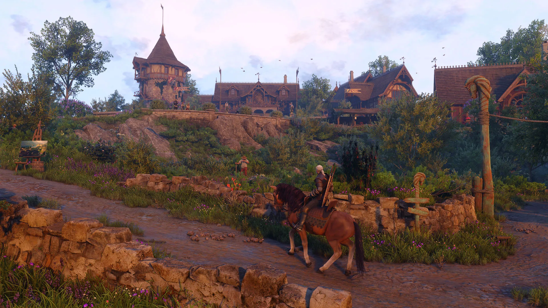 Geralt and Roach arriving in a Letten village in The Witcher 3: Songs of the Past