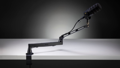 RØDE LPA1 low-profile studio arm with a PodMic mounted on a desk