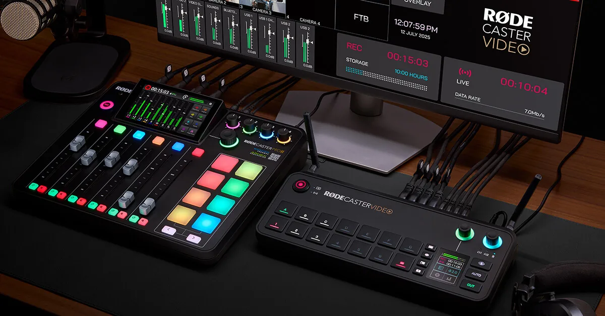 RØDECaster Video 1.4 setup with a RØDECaster Pro II and RØDECaster Video linked by RØDECaster Sync