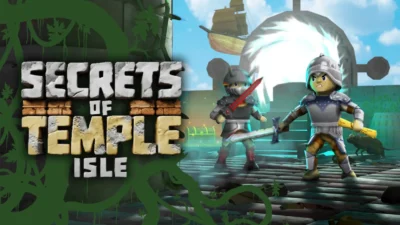Secrets of Temple Isle key art, with the game's logo set over the island's temple-rich landscape