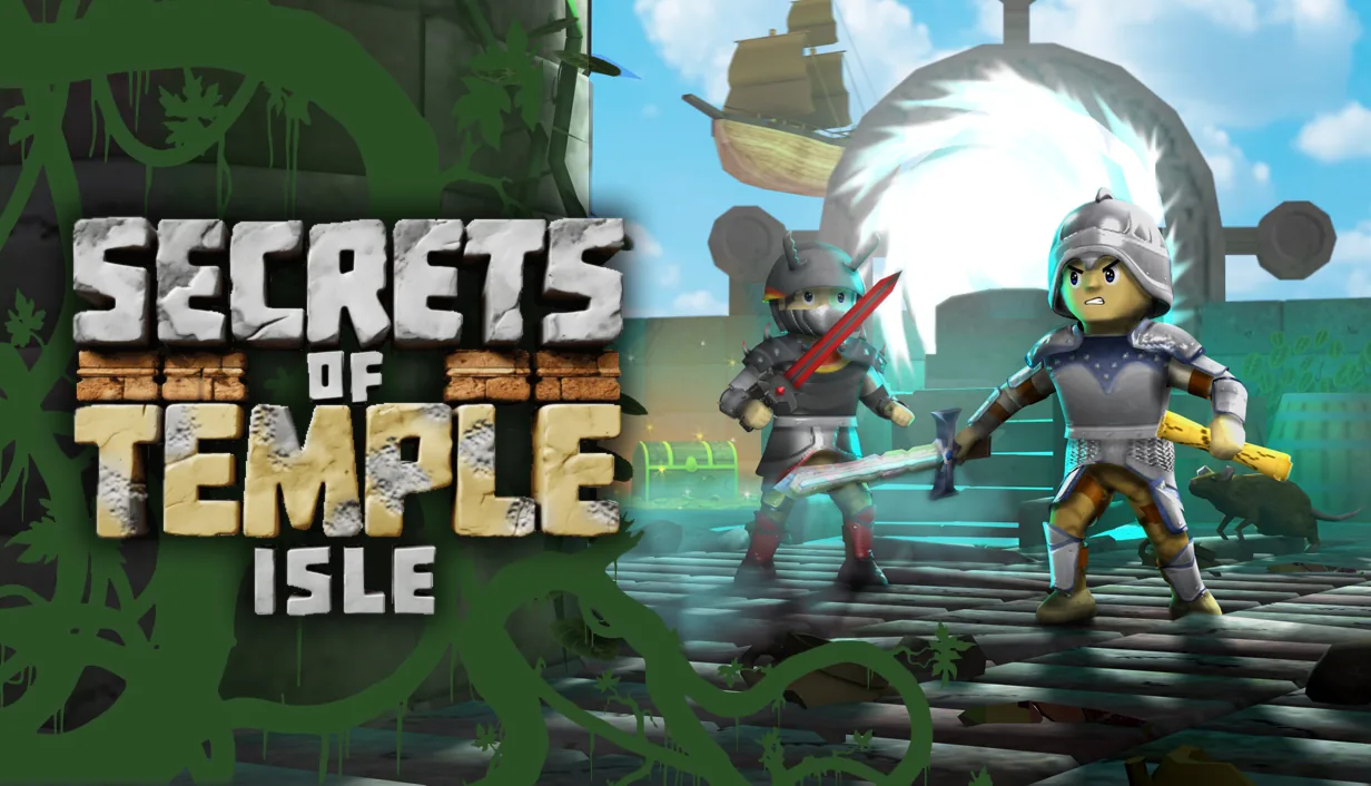 Secrets of Temple Isle key art, with the game's logo set over the island's temple-rich landscape