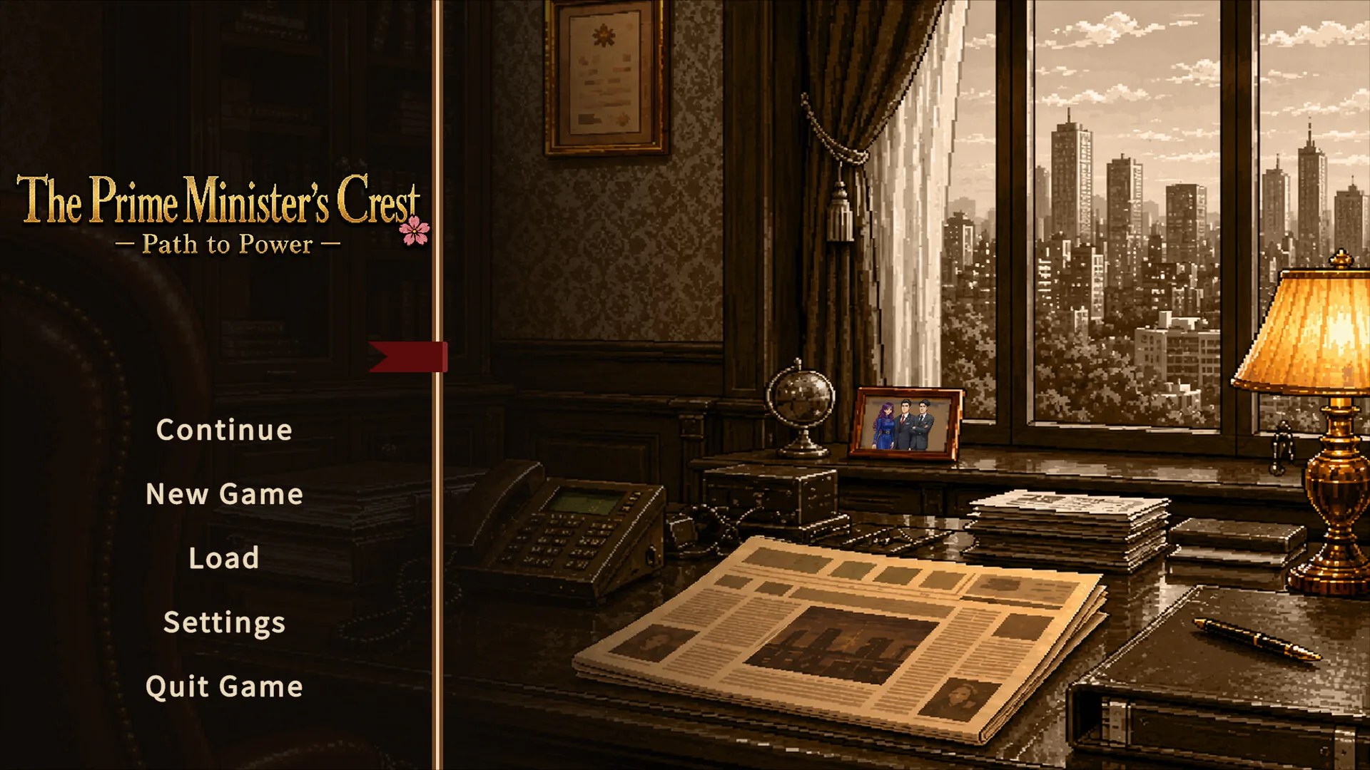 Scene from the pixel-art political simulation text adventure The Prime Minister's Crest: Path to Power, shown on its official Steam store page