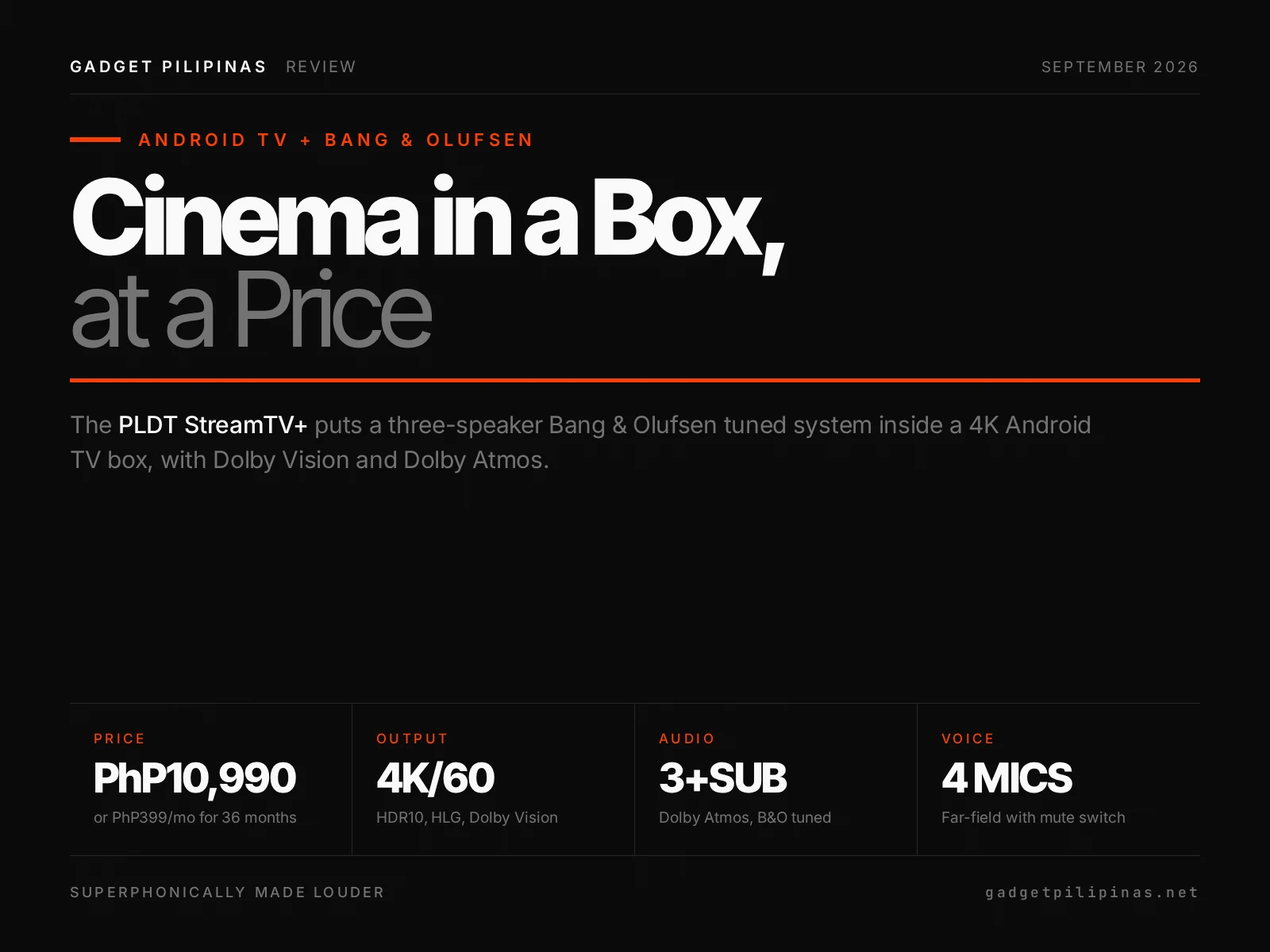 PLDT StreamTV+ review featured card with Bang and Olufsen audio specs