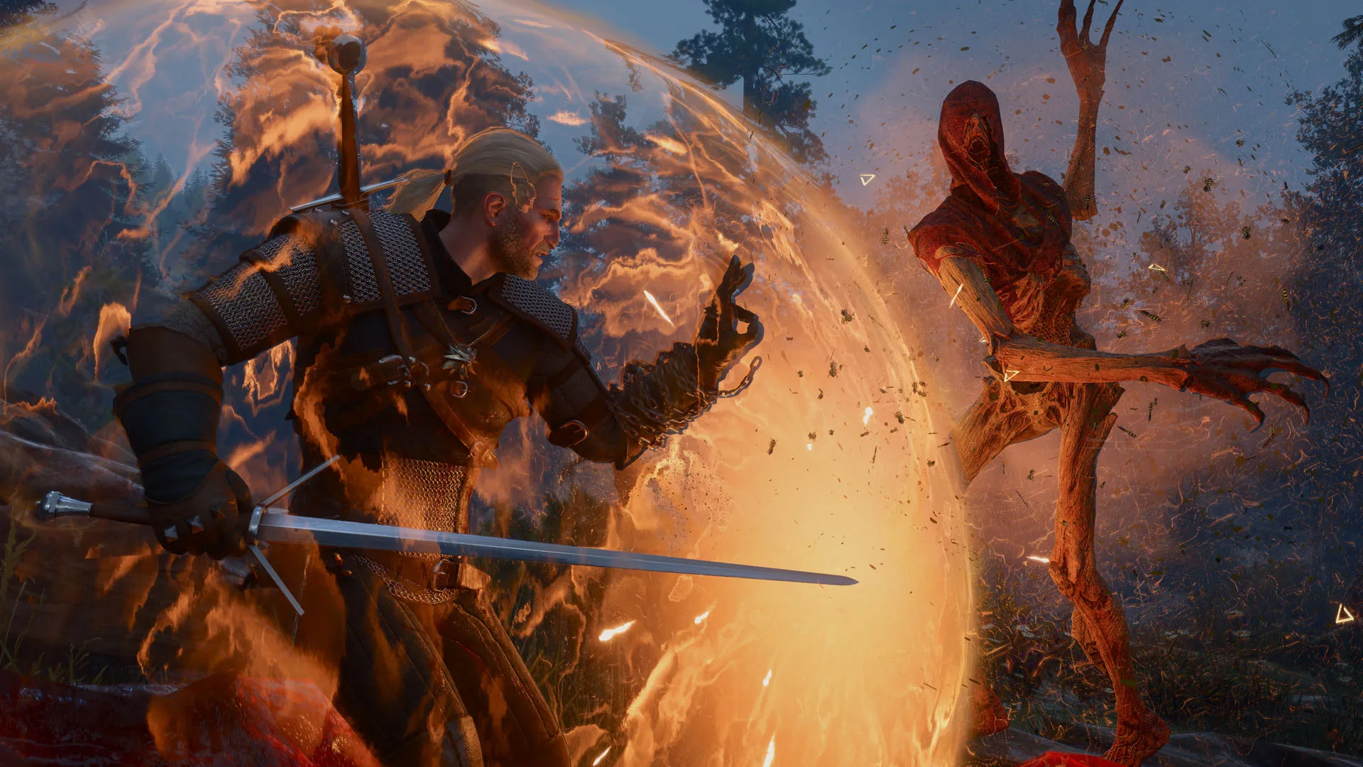 Geralt fighting a Swarmion in The Witcher 3: Songs of the Past