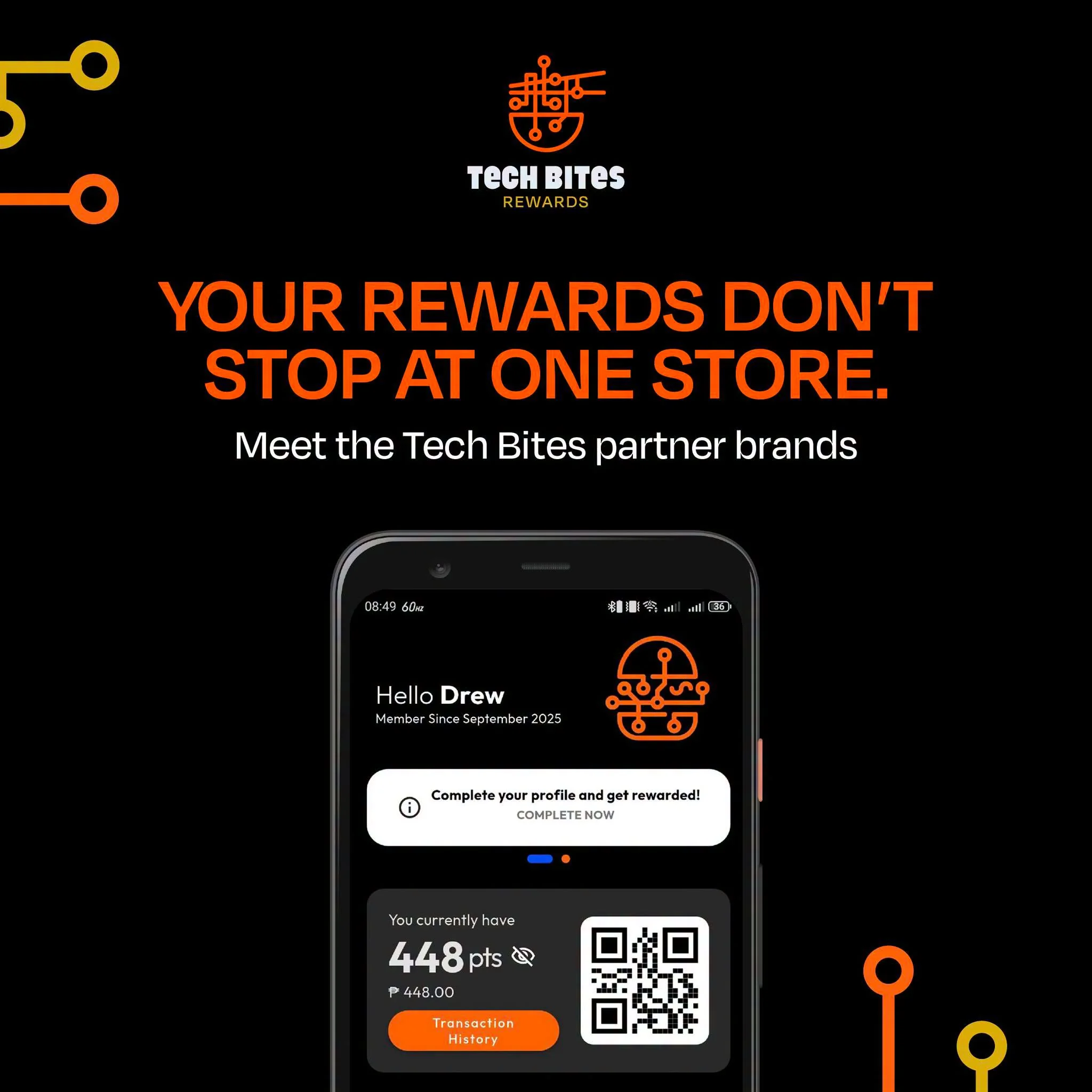 Tech Bites app rewards screen showing a points balance