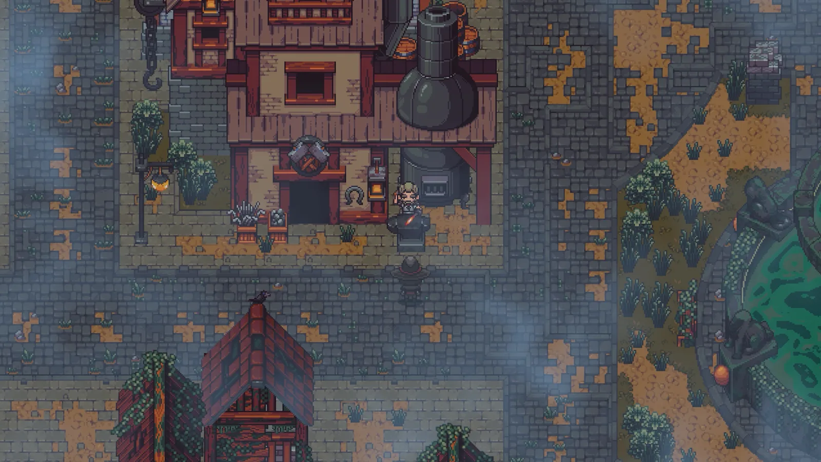Emberville town screenshot at the blacksmith forge used for crafting and gear upgrades