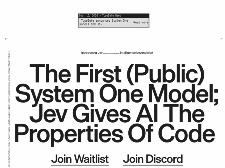 TypeSafe Jev landing page: the first public System One Model