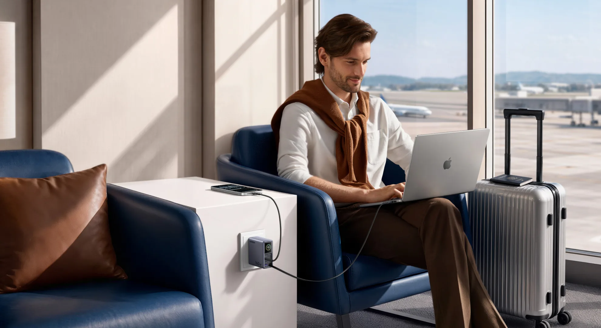 UGREEN Nexode Pro 160W charger with retractable USB-C cable on a desk