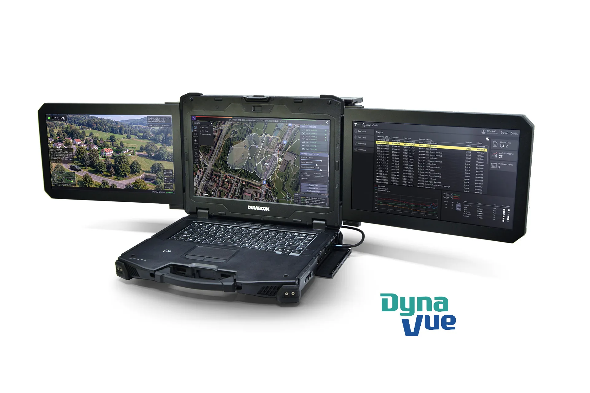 Triple-screen workspace on the Z14I-DX3 rugged workstation showing maps and operational data side by side