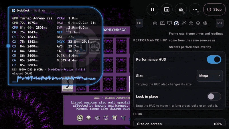 A paused frame shown as a grey card with a glass Resume button in DroidDeck