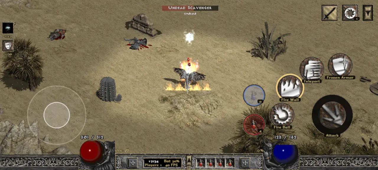 D2Android gameplay on Android showing touch joystick, attack and skill buttons