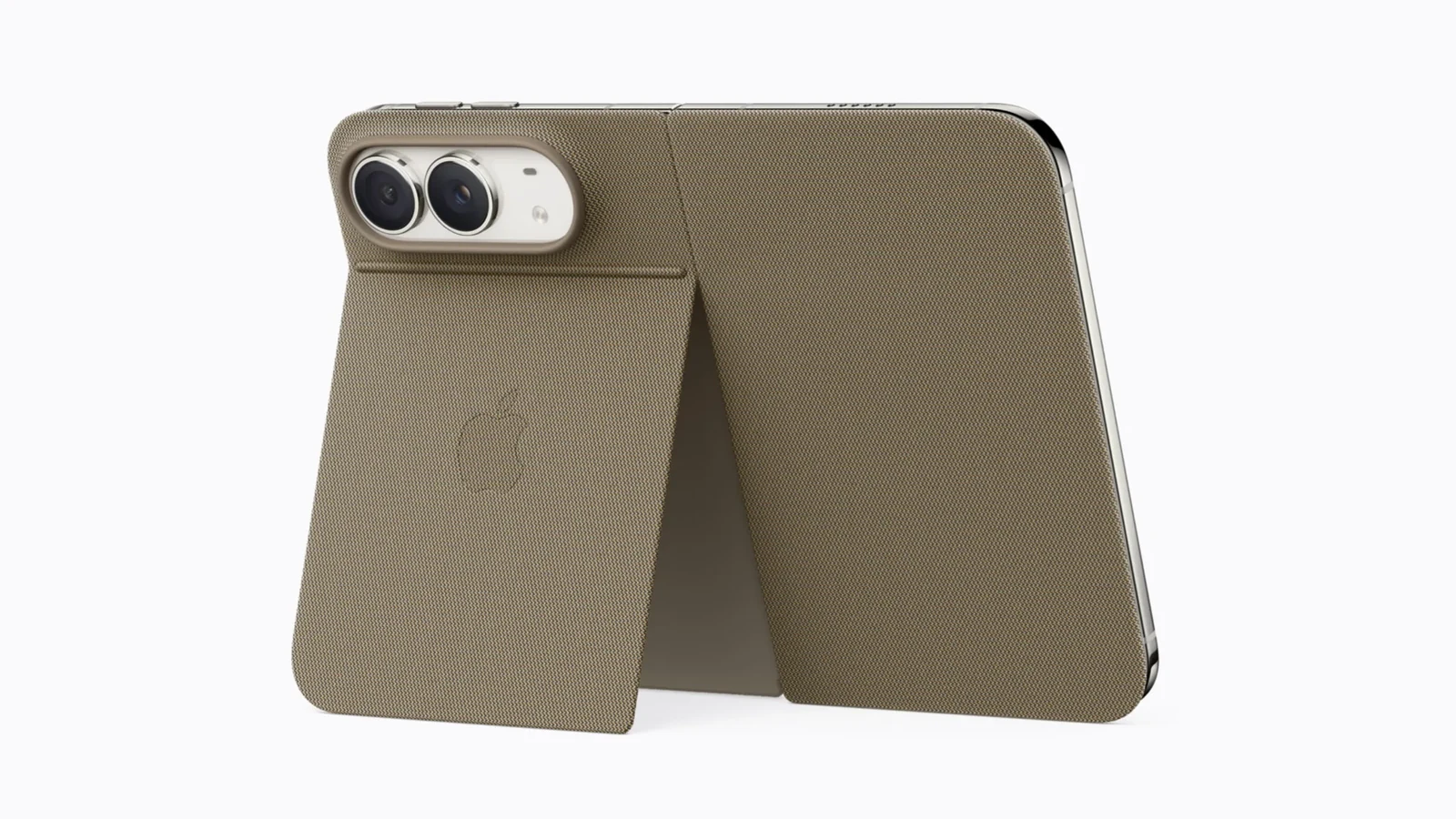 iPhone Duo folded into the taupe Folio case with kickstand