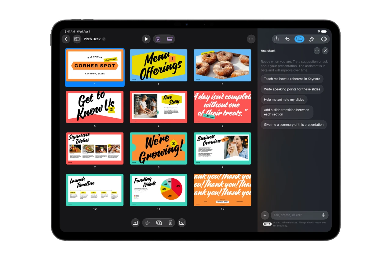 Apple Creator Studio intelligent assistant in Keynote on iPad Pro 261027