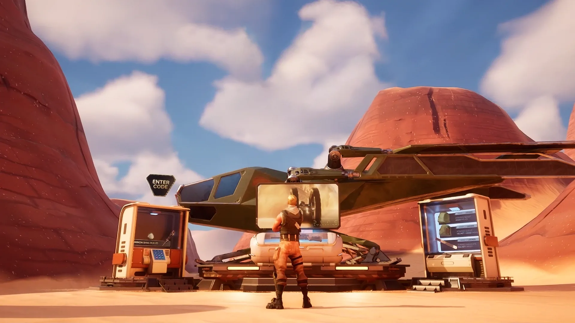 Dune Awakening Fortnite gameplay with the Jabal Spitdart Rifle inside a creator island