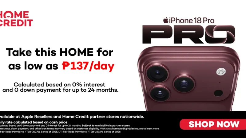 Home Credit iPhone 18 Pro promotional card showing the PhP137 a day Double-Zero financing offer