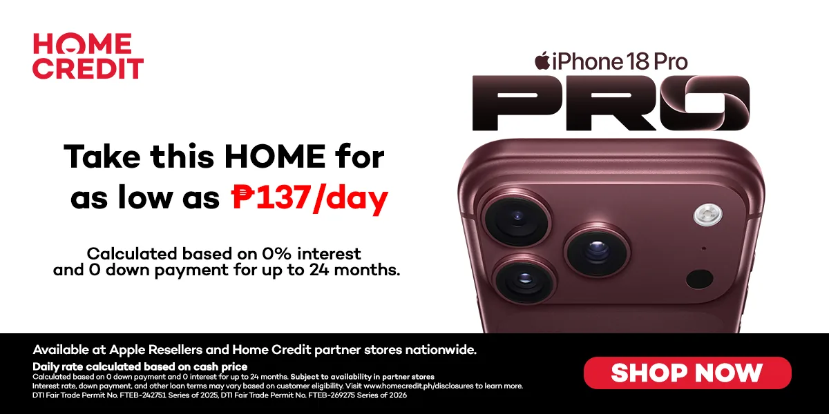 Home Credit iPhone 18 Pro promotional card showing the PhP137 a day Double-Zero financing offer