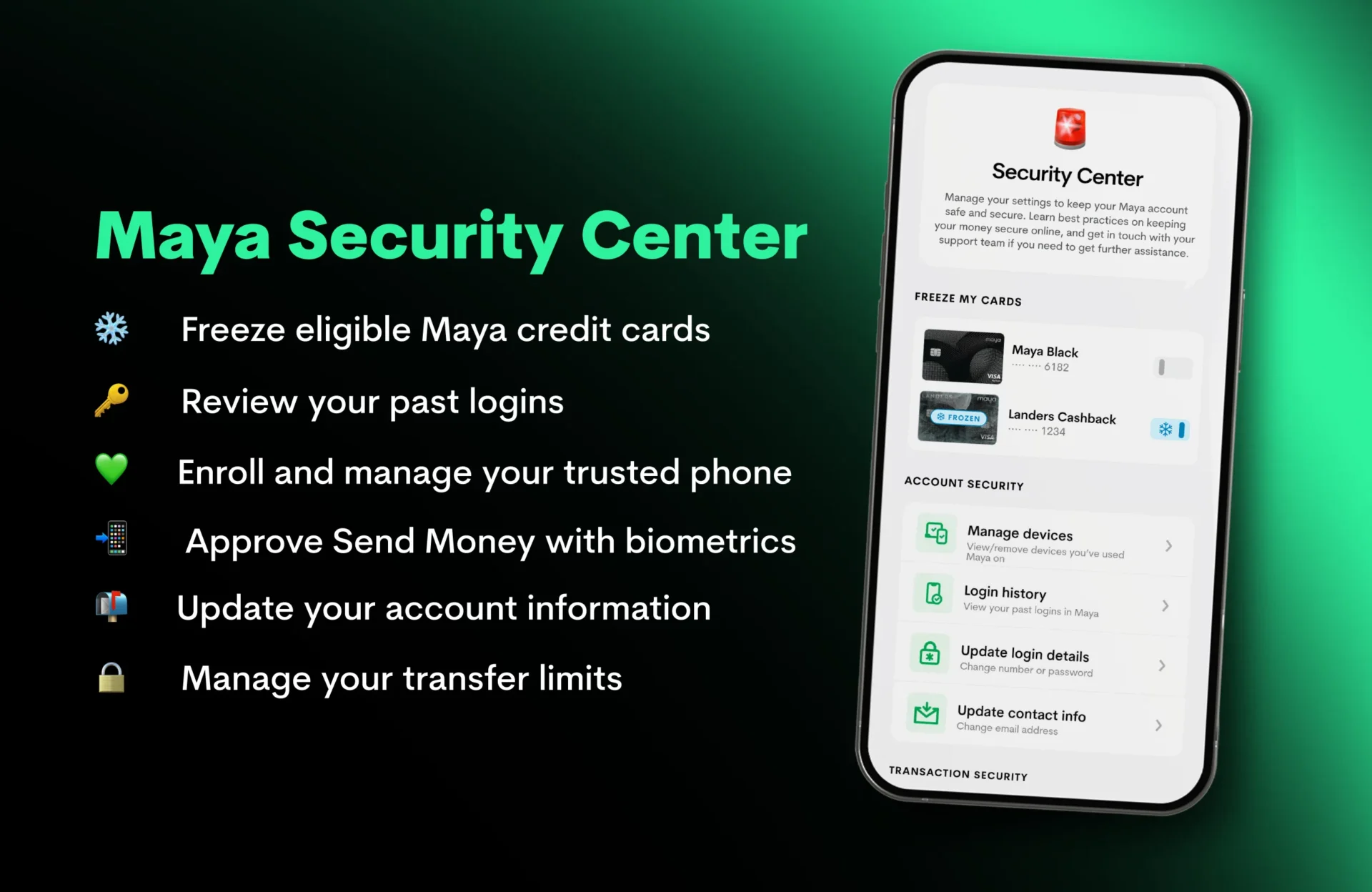 Maya Security Center account protection tools from the Maya app
