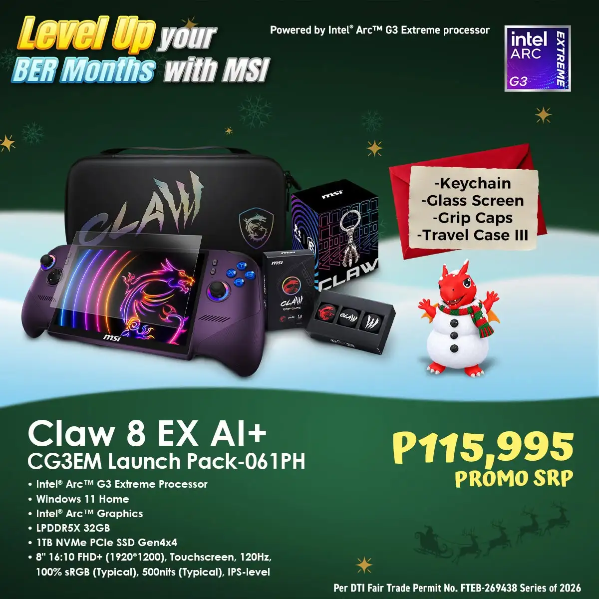 MSI Claw 8 EX AI+ BER Months launch pack graphic bundling a travel case and accessories