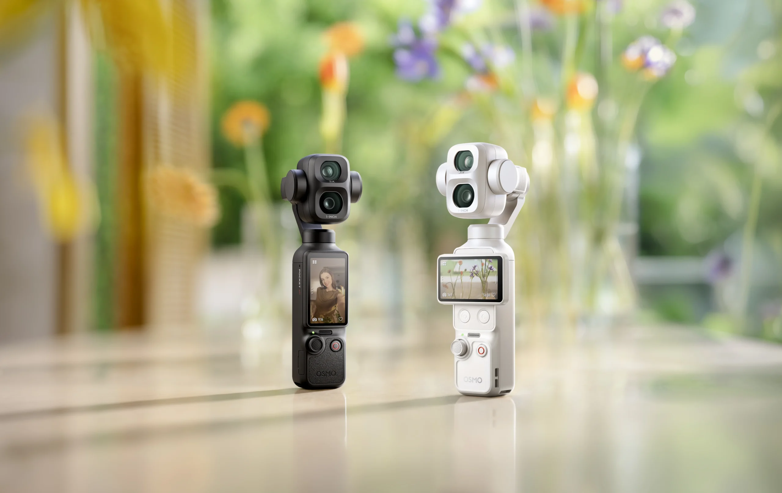 The DJI Osmo Pocket 4P in black displayed alongside the Osmo Pocket 4P Pearl White edition