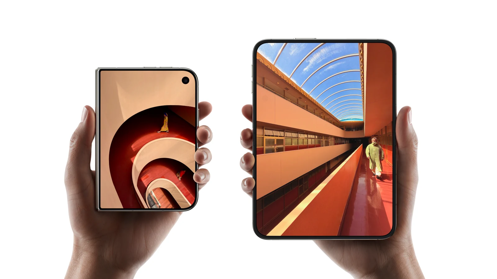 The iPhone Duo foldable held closed and fully opened, showing the 5.4-inch outer screen and 7.6-inch inner display