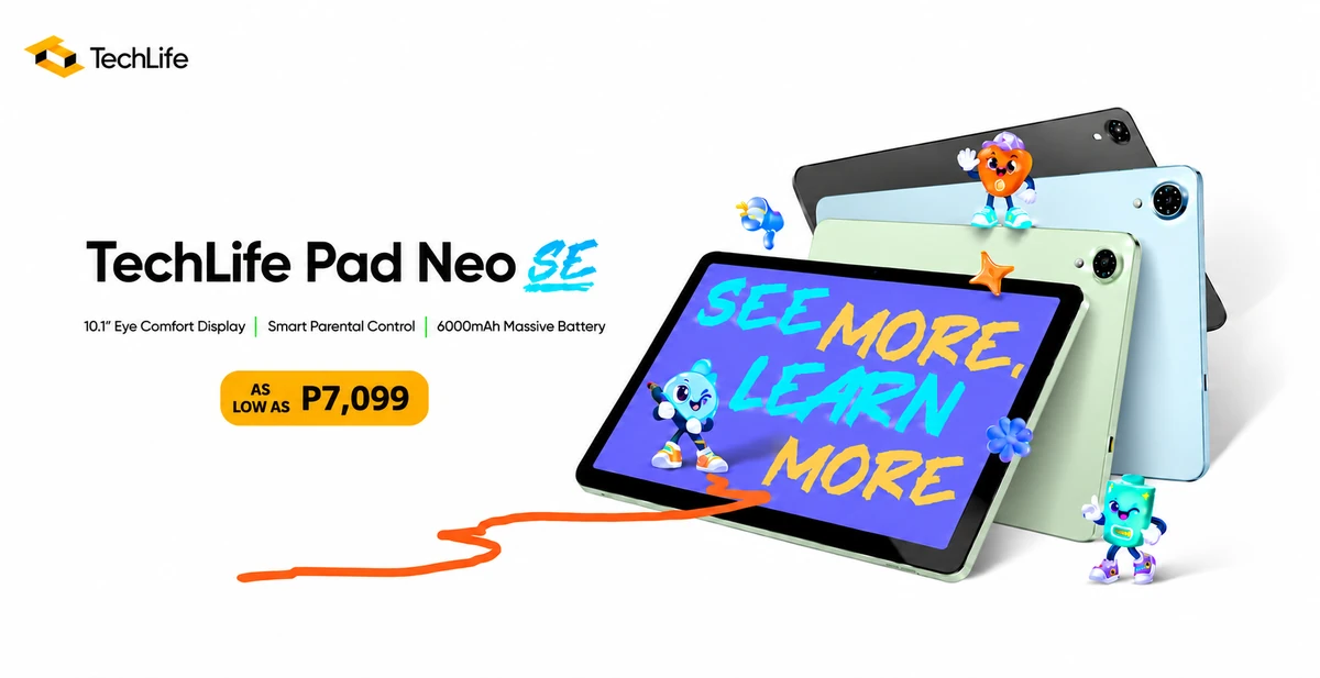 Official TechLife Pad Neo SE key visual in Space Grey, Bubble Blue and Aurora Green, with the TechLife Pad Neo SE price promo of PhP7,099 shown on the banner